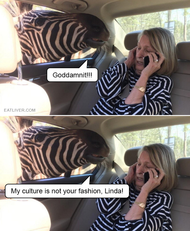 How many times do I have to tell you, Linda?! Goddammit, my culture is not your fashion!